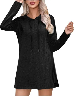 Womens Dress Fall Winter Long Sleeve Front A Line Swing Hooded Knit Dress Loose Casual Long Sleeve Comfy Mini Dresses