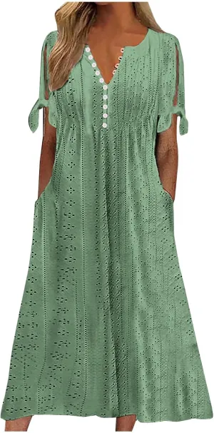 Womens Dresses Casual Summer Eyelet Short Sleeve Button Down Dress with Pockets Going Out Empire Waist Party Sundress