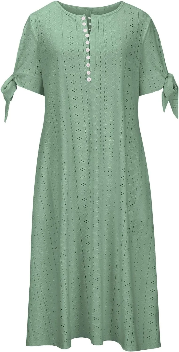 Womens Dresses Casual Summer Eyelet Short Sleeve Button Down Dress with Pockets Going Out Empire Waist Party Sundress