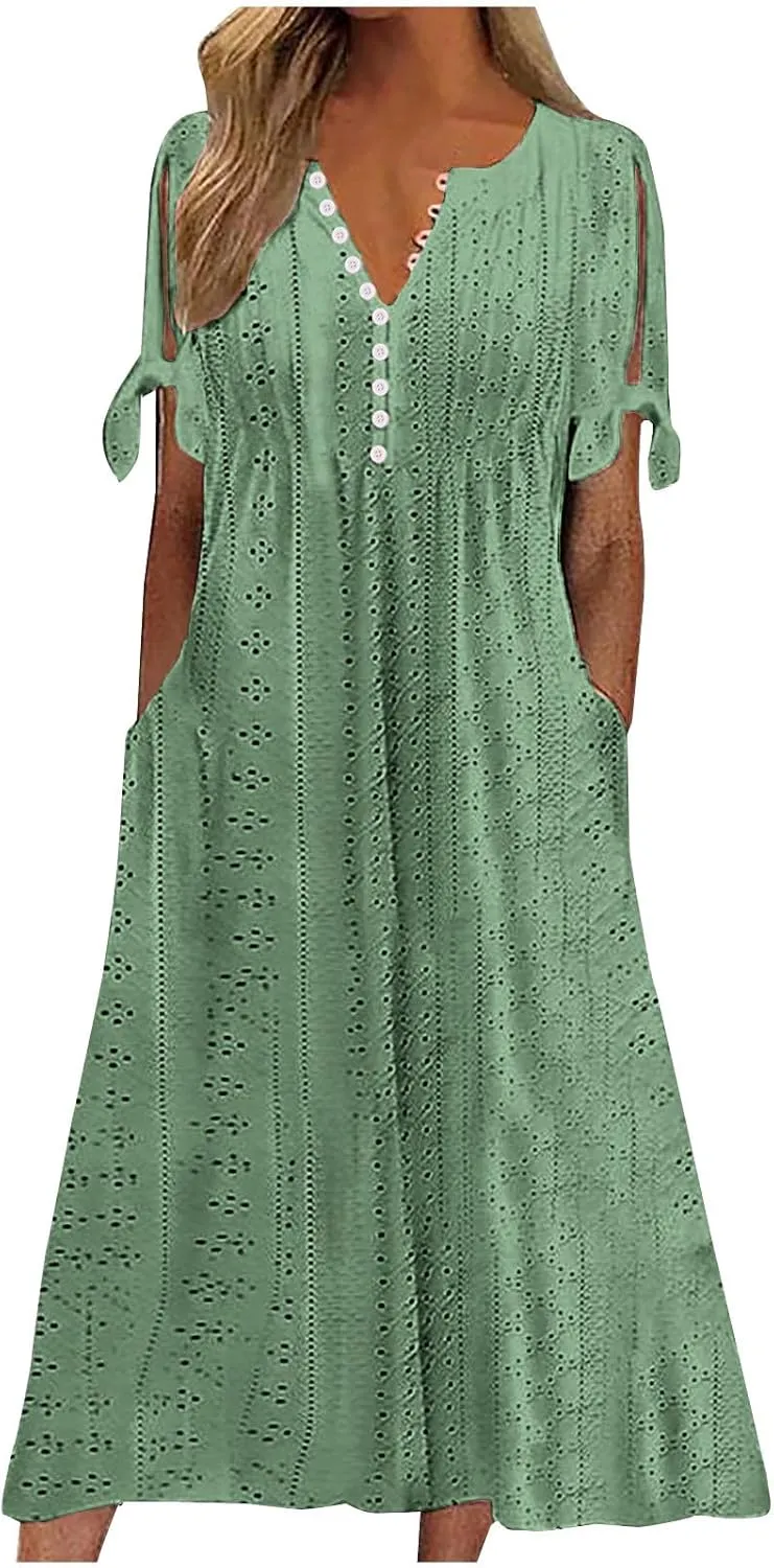 Womens Dresses Casual Summer Eyelet Short Sleeve Button Down Dress with Pockets Going Out Empire Waist Party Sundress