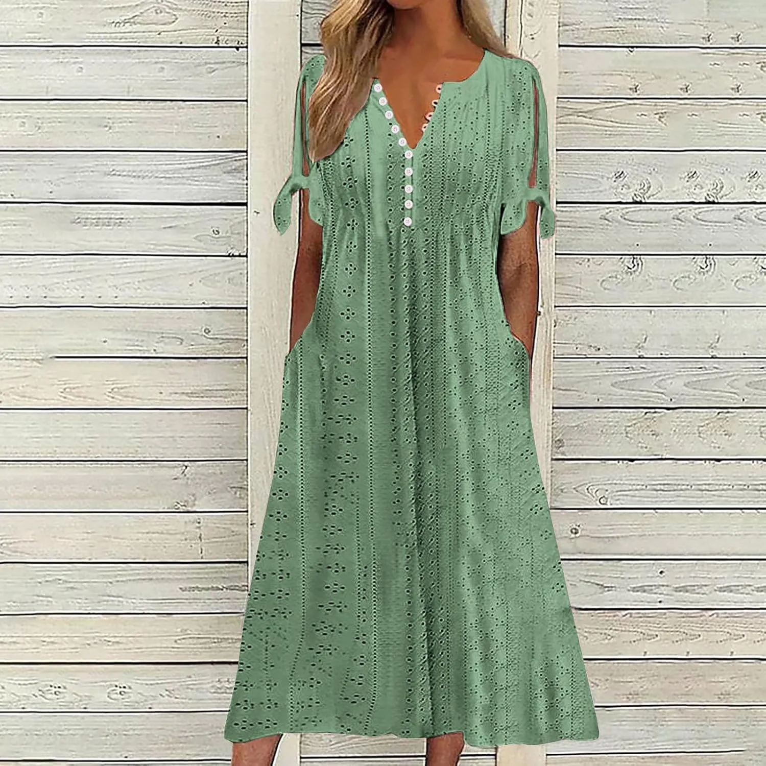 Womens Dresses Casual Summer Eyelet Short Sleeve Button Down Dress with Pockets Going Out Empire Waist Party Sundress