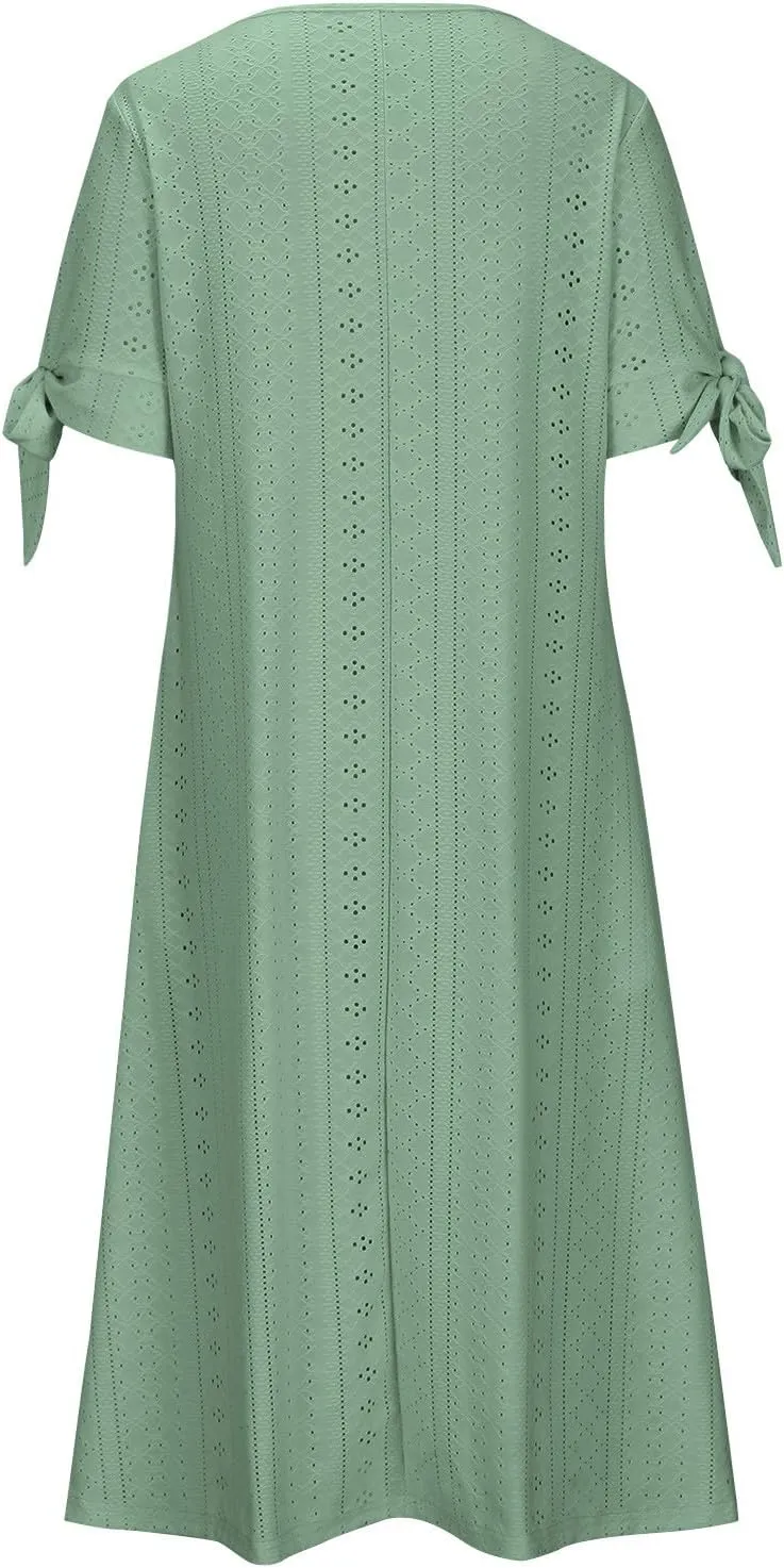 Womens Dresses Casual Summer Eyelet Short Sleeve Button Down Dress with Pockets Going Out Empire Waist Party Sundress