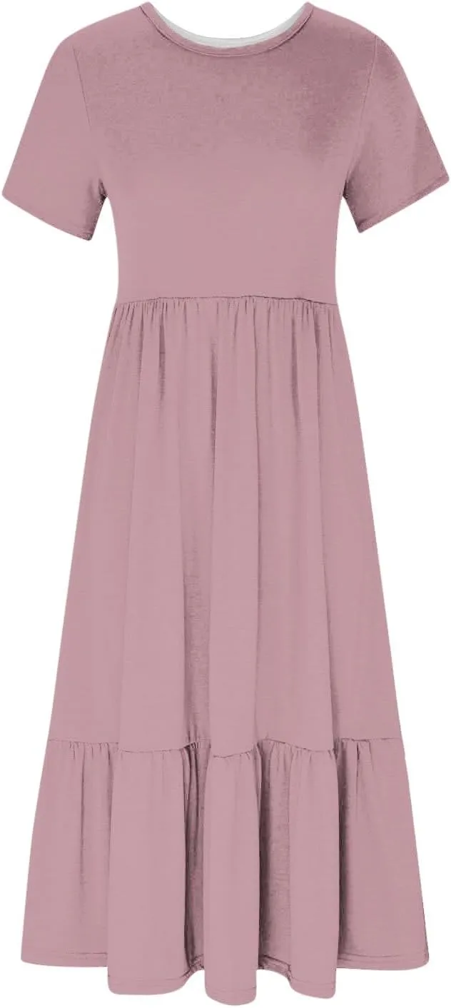 Womens Dresses Short Sleeve Tiered Ruffle Maxi Dress with Pockets Summer Causal Loose Crewneck Solid Beach Sundress