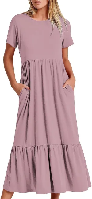 Womens Dresses Short Sleeve Tiered Ruffle Maxi Dress with Pockets Summer Causal Loose Crewneck Solid Beach Sundress