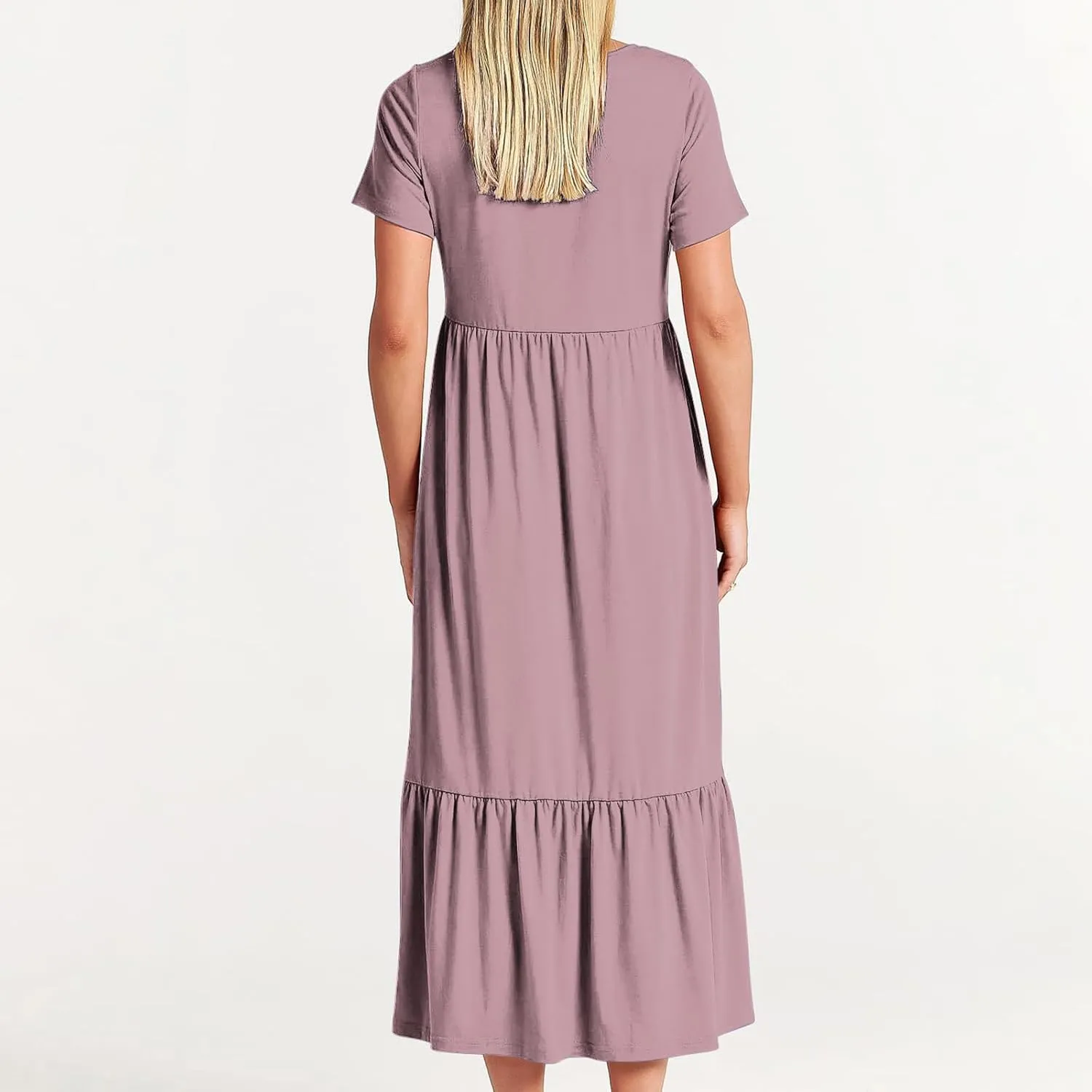Womens Dresses Short Sleeve Tiered Ruffle Maxi Dress with Pockets Summer Causal Loose Crewneck Solid Beach Sundress