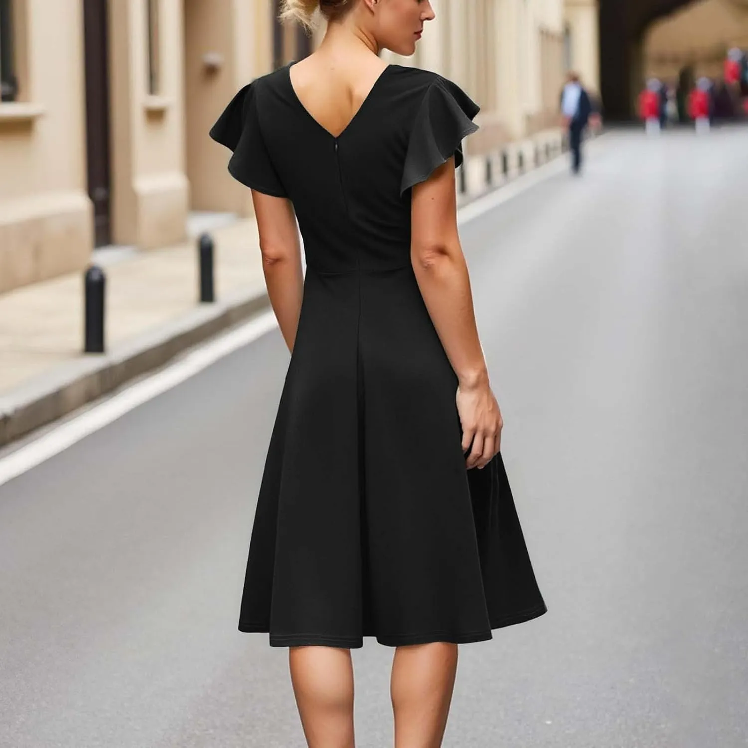 Women's Elegant Dress Solid Puff Sleeve Round Neck Slimming Waist Midi Skirt Flowy Big Hem Work Prom Gowns