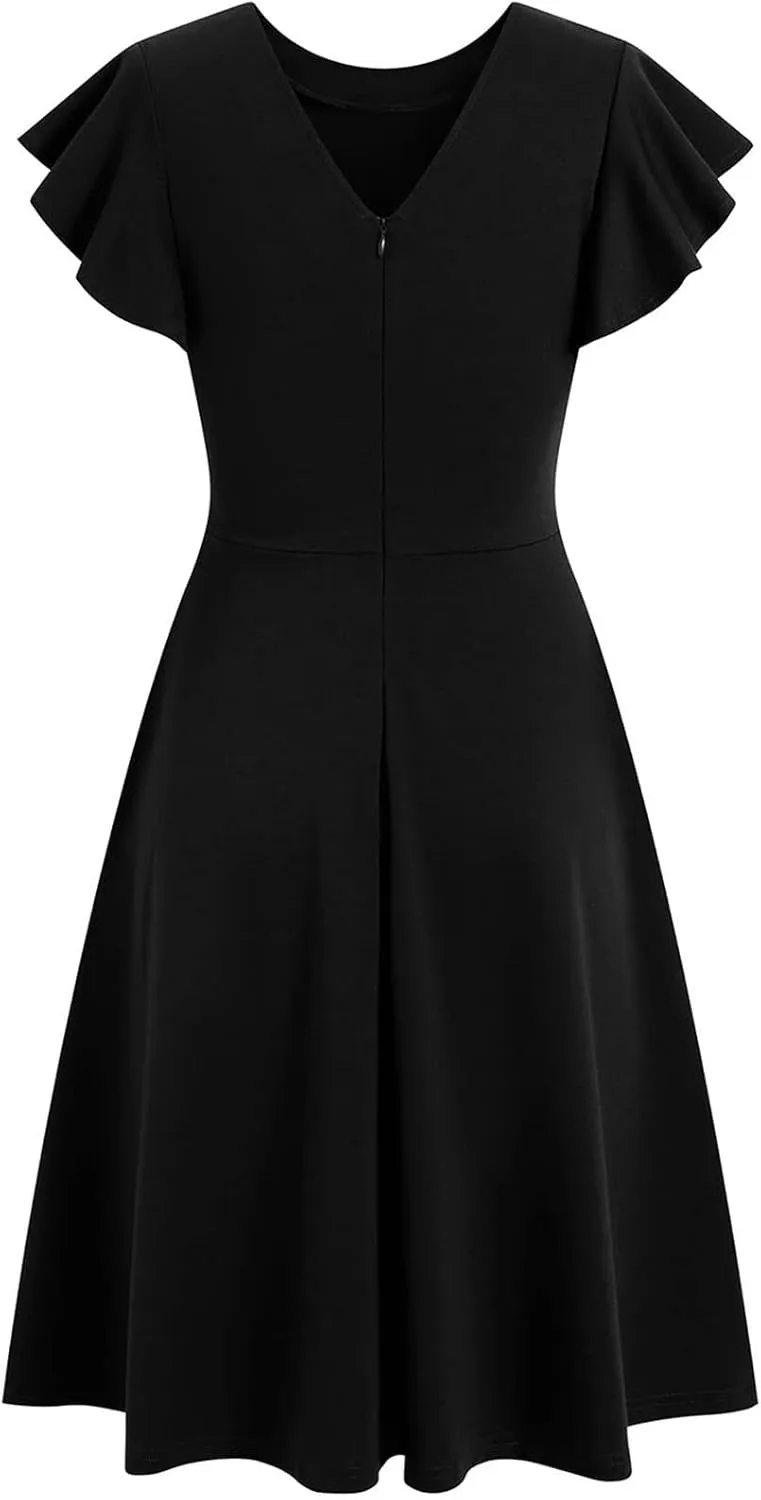 Women's Elegant Dress Solid Puff Sleeve Round Neck Slimming Waist Midi Skirt Flowy Big Hem Work Prom Gowns