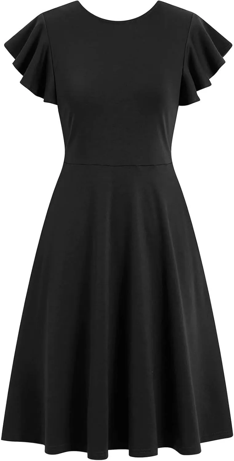 Women's Elegant Dress Solid Puff Sleeve Round Neck Slimming Waist Midi Skirt Flowy Big Hem Work Prom Gowns