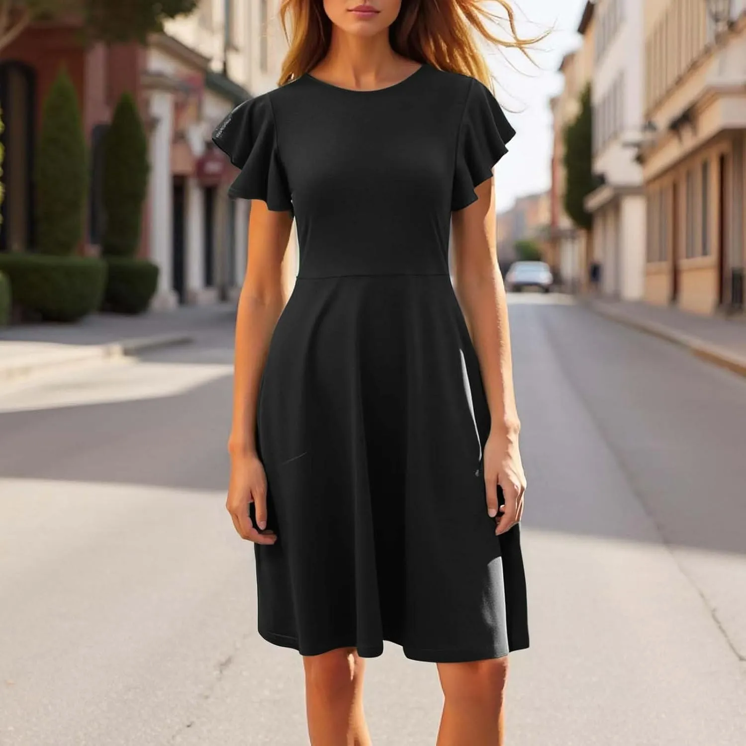 Women's Elegant Dress Solid Puff Sleeve Round Neck Slimming Waist Midi Skirt Flowy Big Hem Work Prom Gowns