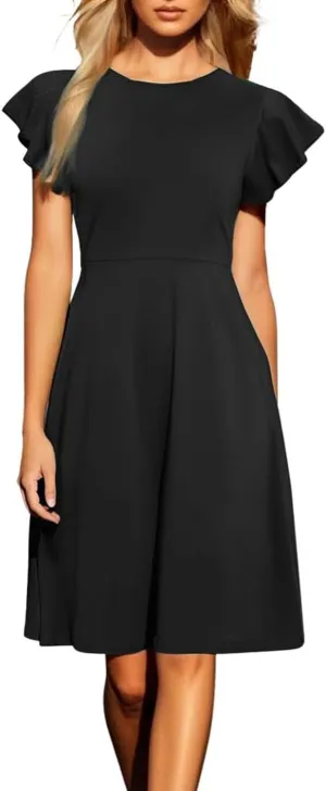 Women's Elegant Dress Solid Puff Sleeve Round Neck Slimming Waist Midi Skirt Flowy Big Hem Work Prom Gowns