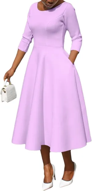 Womens Elegant Fit Flare Midi Dress Hepburn Style 3/4 Sleeve Dress U Neck Flowy A-Line Midi Dress with Pockets
