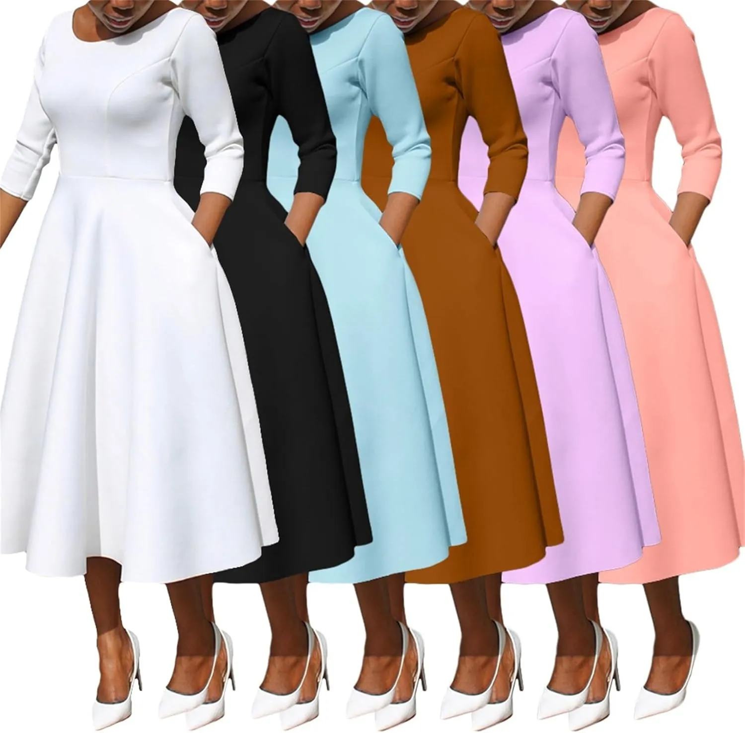 Womens Elegant Fit Flare Midi Dress Hepburn Style 3/4 Sleeve Dress U Neck Flowy A-Line Midi Dress with Pockets