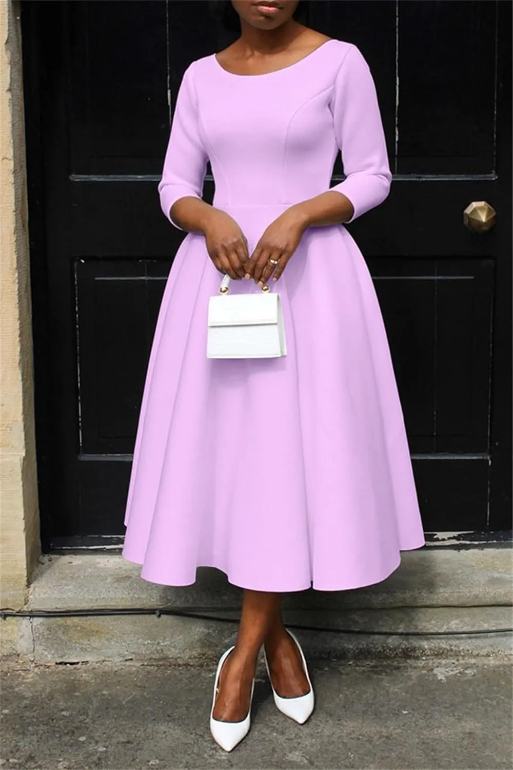 Womens Elegant Fit Flare Midi Dress Hepburn Style 3/4 Sleeve Dress U Neck Flowy A-Line Midi Dress with Pockets
