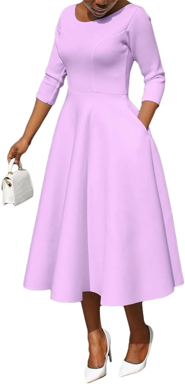 Womens Elegant Fit Flare Midi Dress Hepburn Style 3/4 Sleeve Dress U Neck Flowy A-Line Midi Dress with Pockets