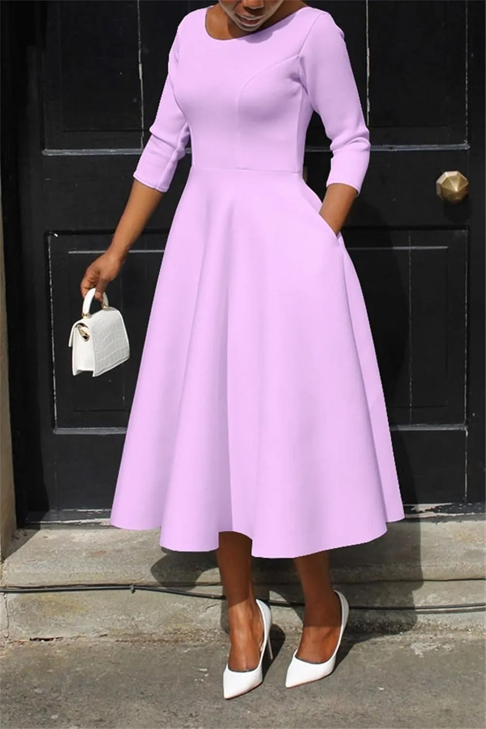 Womens Elegant Fit Flare Midi Dress Hepburn Style 3/4 Sleeve Dress U Neck Flowy A-Line Midi Dress with Pockets