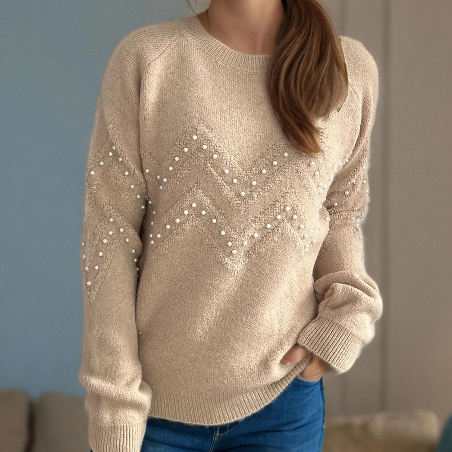 Womens Fall Fashion Sweaters 2024 Long Sleeve Crewneck Knitted Pullover Tops Embroidered Boho Tunic Sweater