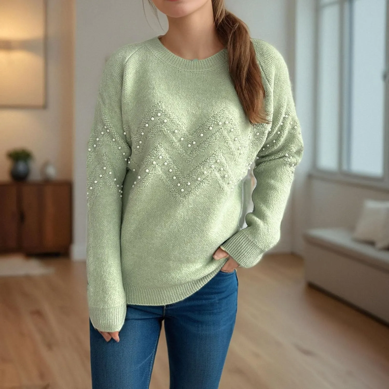 Womens Fall Fashion Sweaters 2024 Long Sleeve Crewneck Knitted Pullover Tops Embroidered Boho Tunic Sweater
