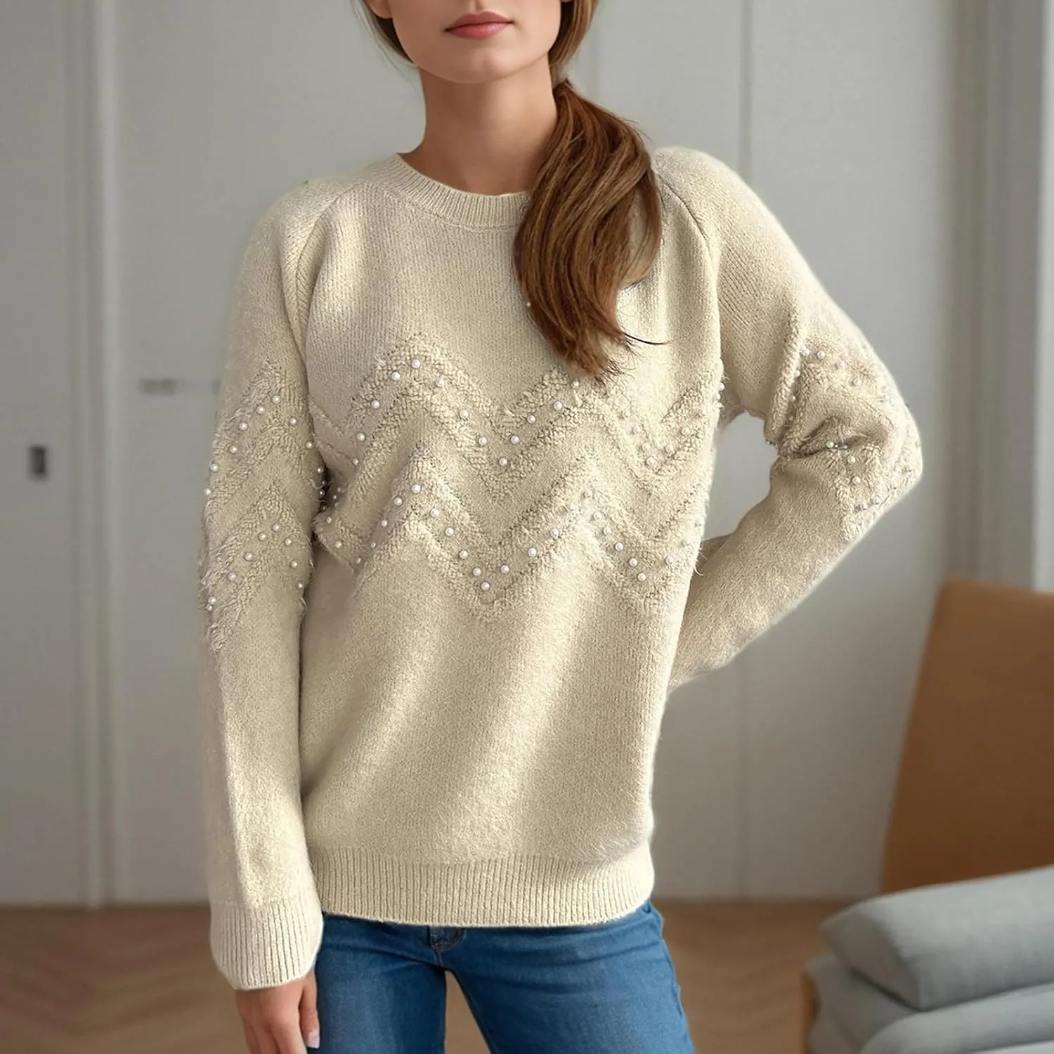 Womens Fall Fashion Sweaters 2024 Long Sleeve Crewneck Knitted Pullover Tops Embroidered Boho Tunic Sweater