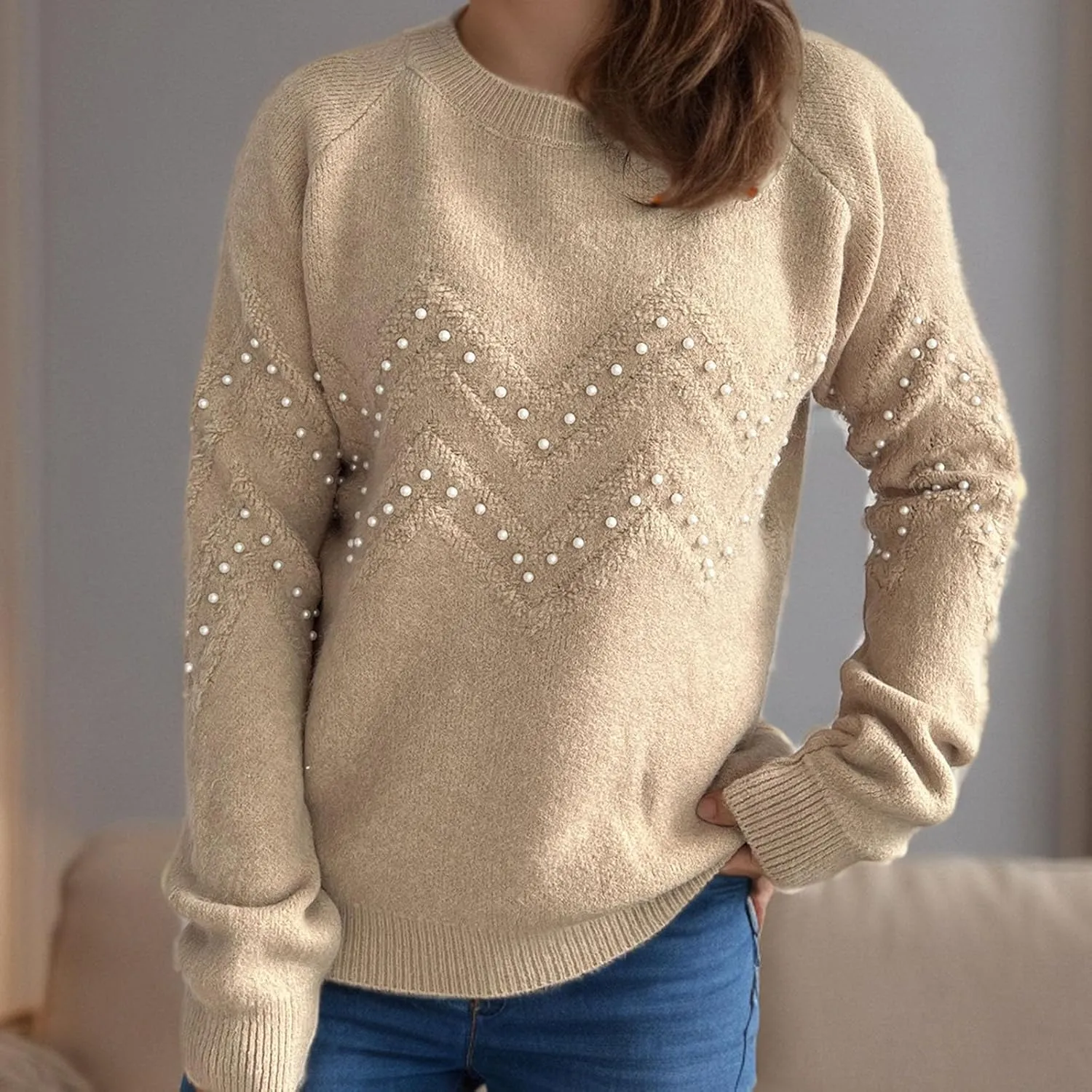 Womens Fall Fashion Sweaters 2024 Long Sleeve Crewneck Knitted Pullover Tops Embroidered Boho Tunic Sweater