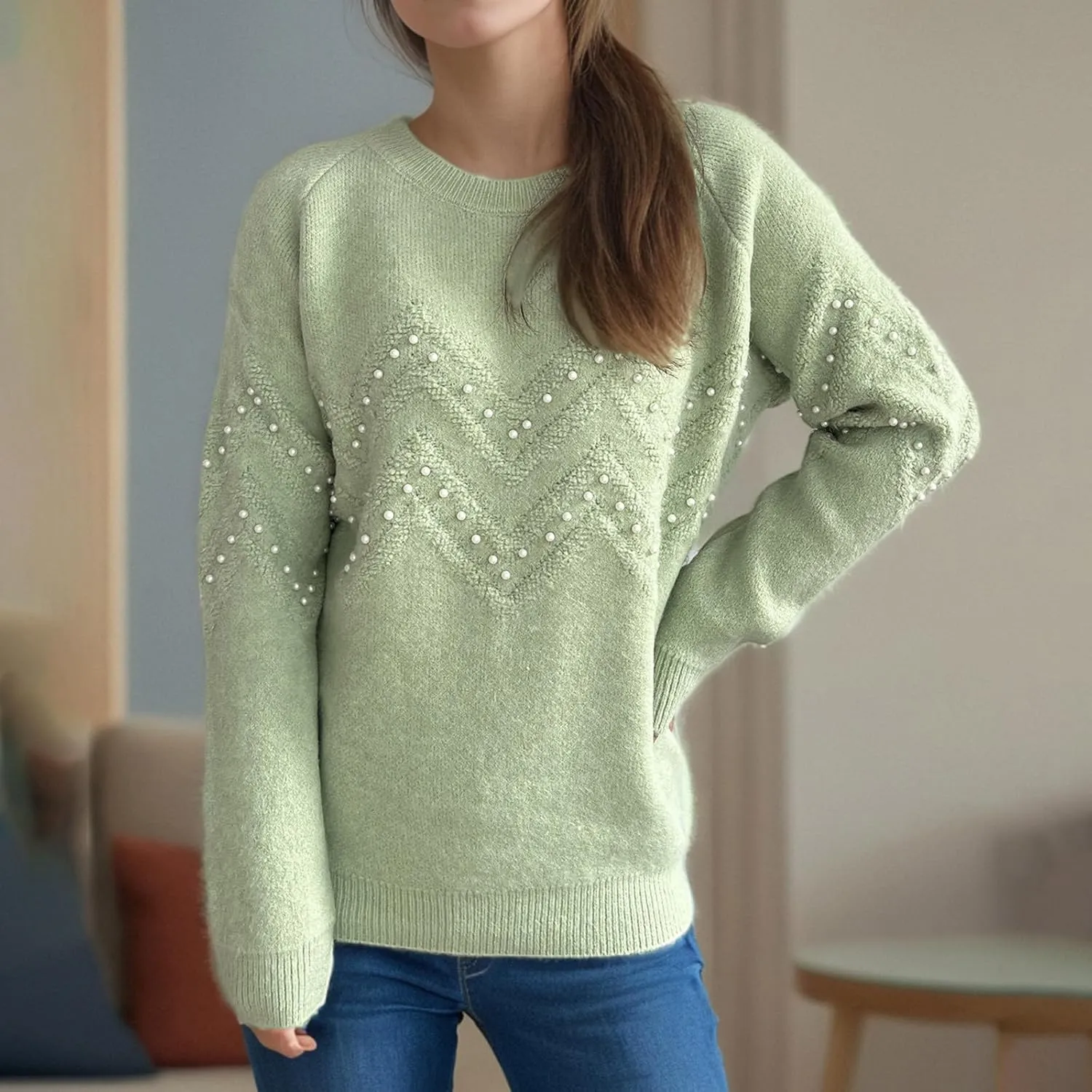 Womens Fall Fashion Sweaters 2024 Long Sleeve Crewneck Knitted Pullover Tops Embroidered Boho Tunic Sweater