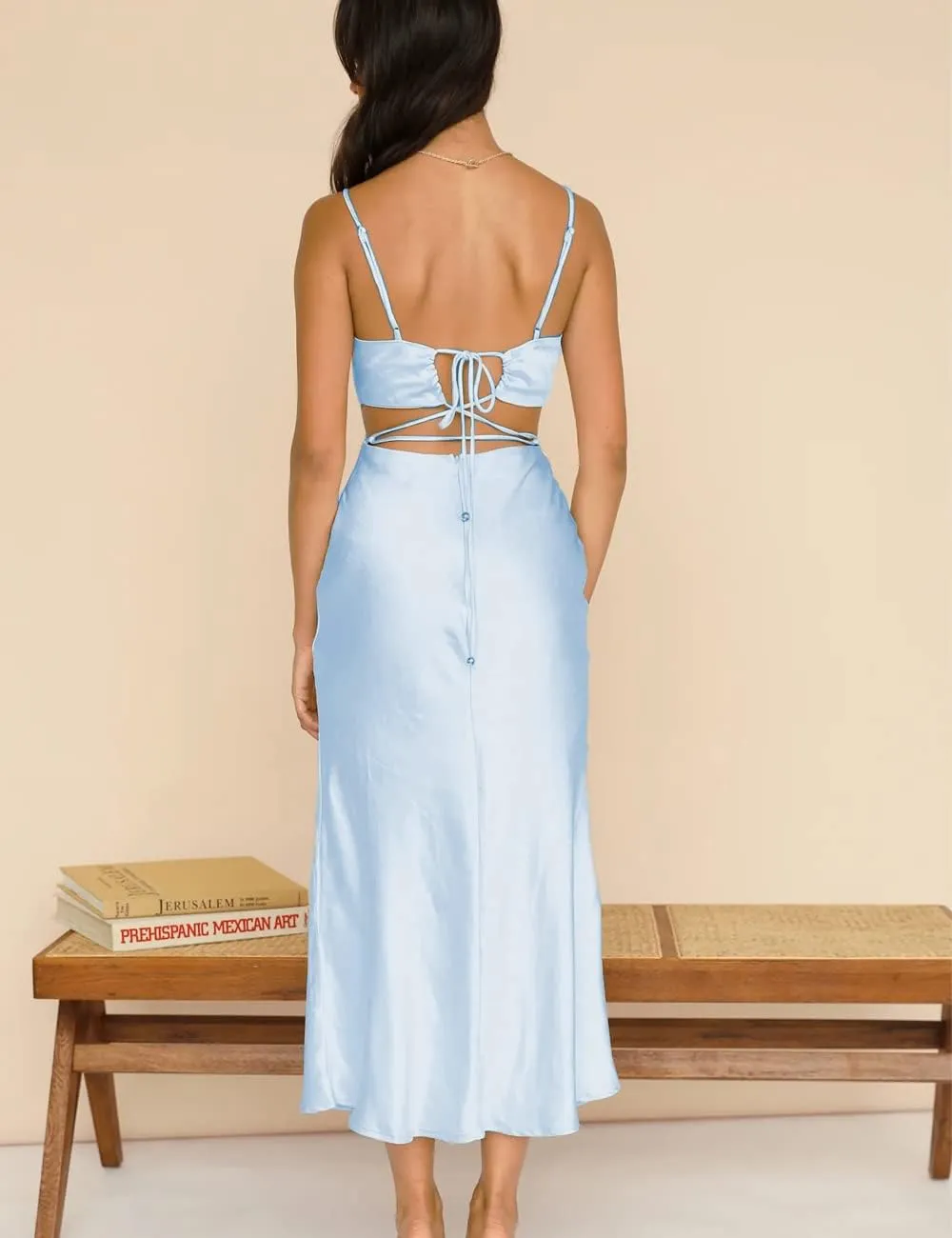 Women's Fall Satin Backless Maxi Dress Silk Cut Out V Neck Slip Tie Back Formal Cocktail Midi Dresses for Wedding Guest
