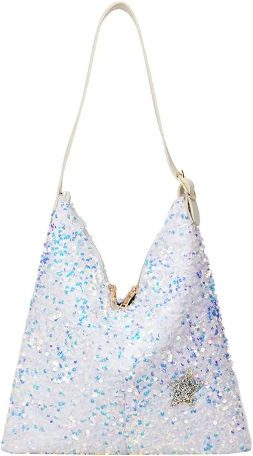 Womens Fashion Bucket Shoulder Bag Y2k Sparkly Glitter Sequin Purse Large Totes Top Handle Satchel Party