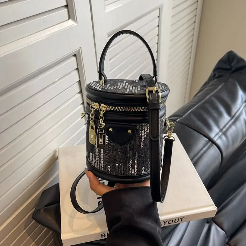Women's Fashionable Sequin Cylinder Bag – With Zipper Closure