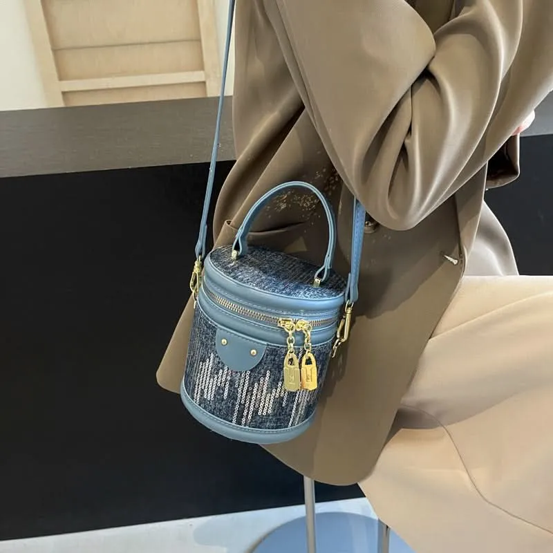 Women's Fashionable Sequin Cylinder Bag – With Zipper Closure