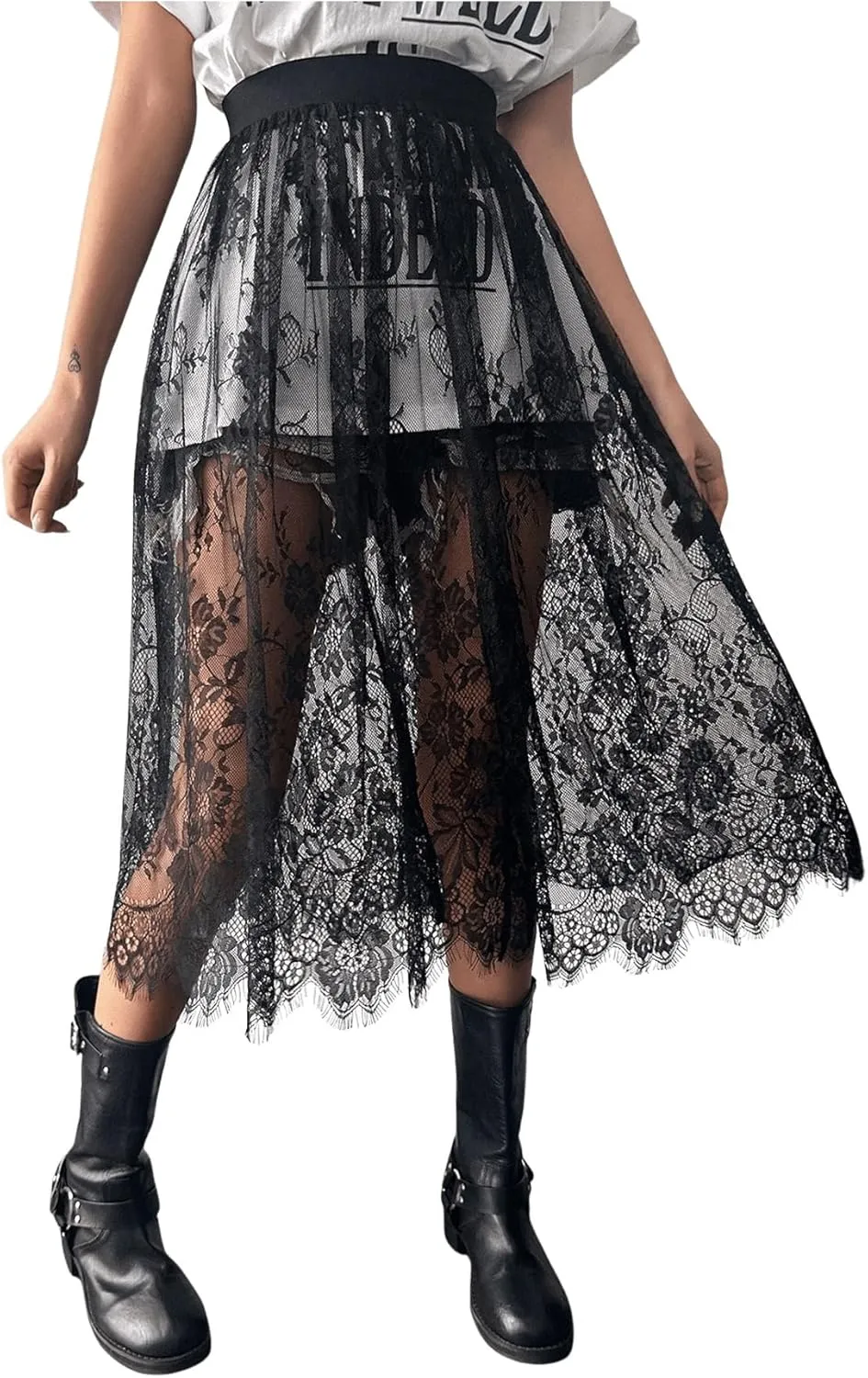 Women's Floral Lace Sheer Skirt High Waisted A Line Midi Skirts Beach Cover-ups Mesh Streetwear Y2K Skirts