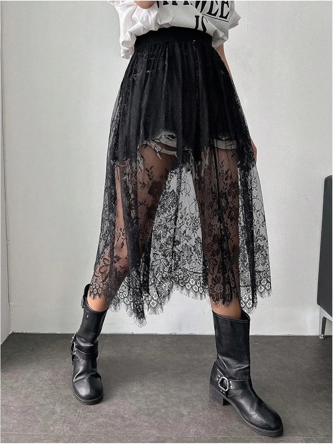 Women's Floral Lace Sheer Skirt High Waisted A Line Midi Skirts Beach Cover-ups Mesh Streetwear Y2K Skirts