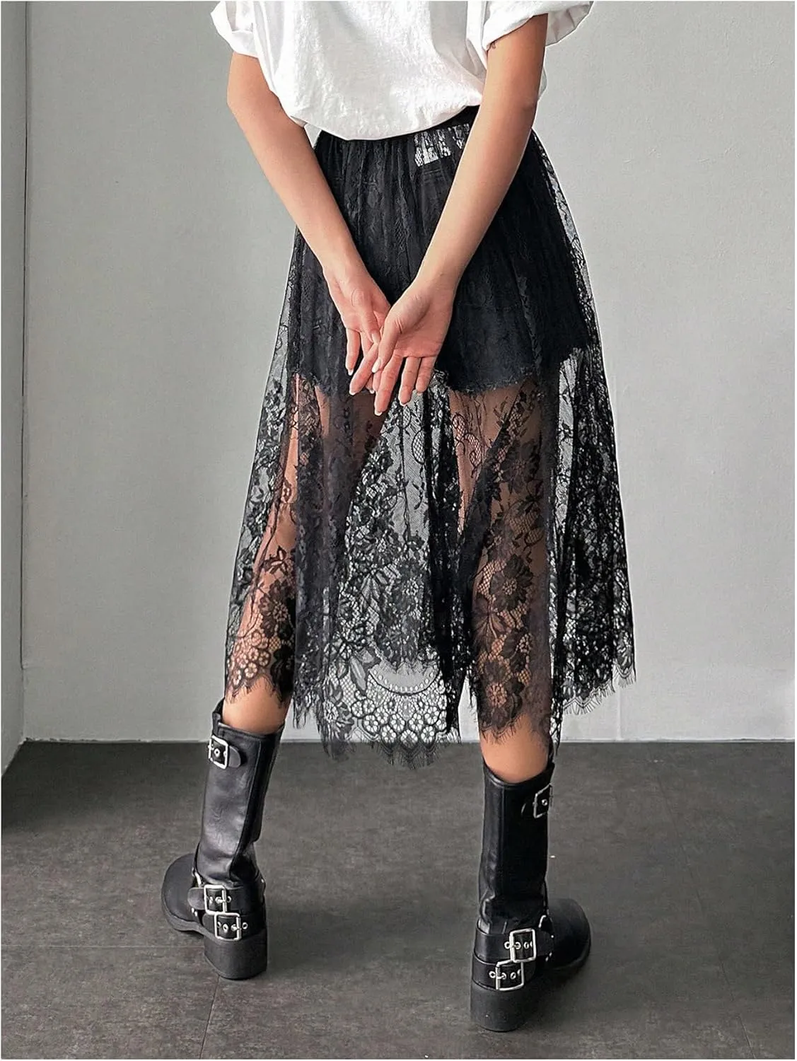 Women's Floral Lace Sheer Skirt High Waisted A Line Midi Skirts Beach Cover-ups Mesh Streetwear Y2K Skirts