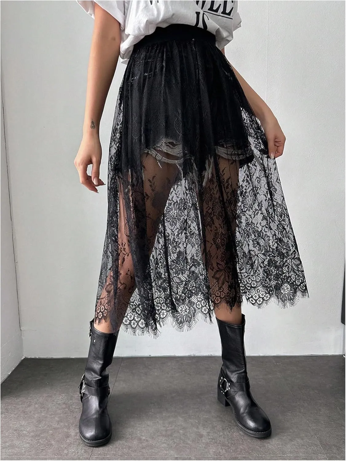 Women's Floral Lace Sheer Skirt High Waisted A Line Midi Skirts Beach Cover-ups Mesh Streetwear Y2K Skirts