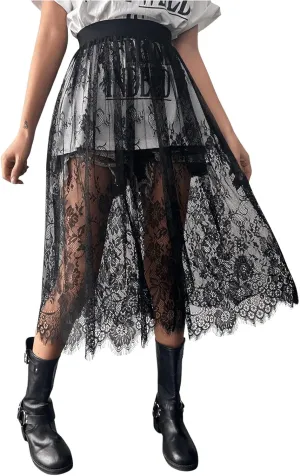 Women's Floral Lace Sheer Skirt High Waisted A Line Midi Skirts Beach Cover-ups Mesh Streetwear Y2K Skirts