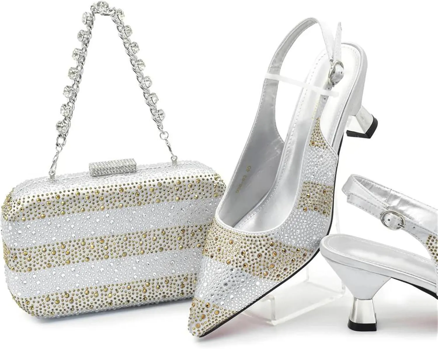 Womens Flower Crystal Clutch Purses Italian Wedding Shoes Set Rhinestone Bridal Pumps and Matching Evening Bag Party