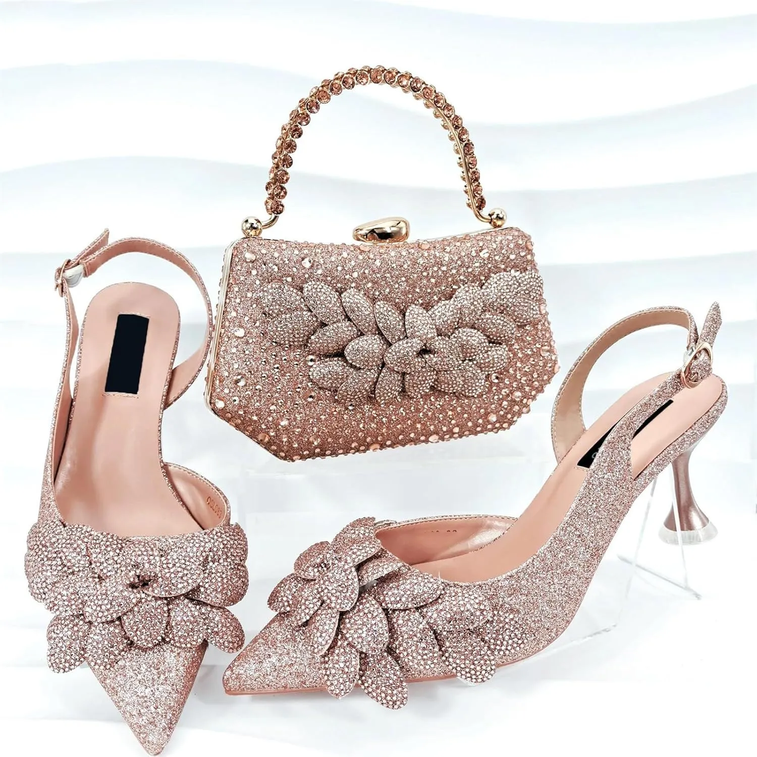 Womens Flower Crystal Clutch Purses Italian Wedding Shoes Set Rhinestone Pumps and Comfortable Evening Bag Party