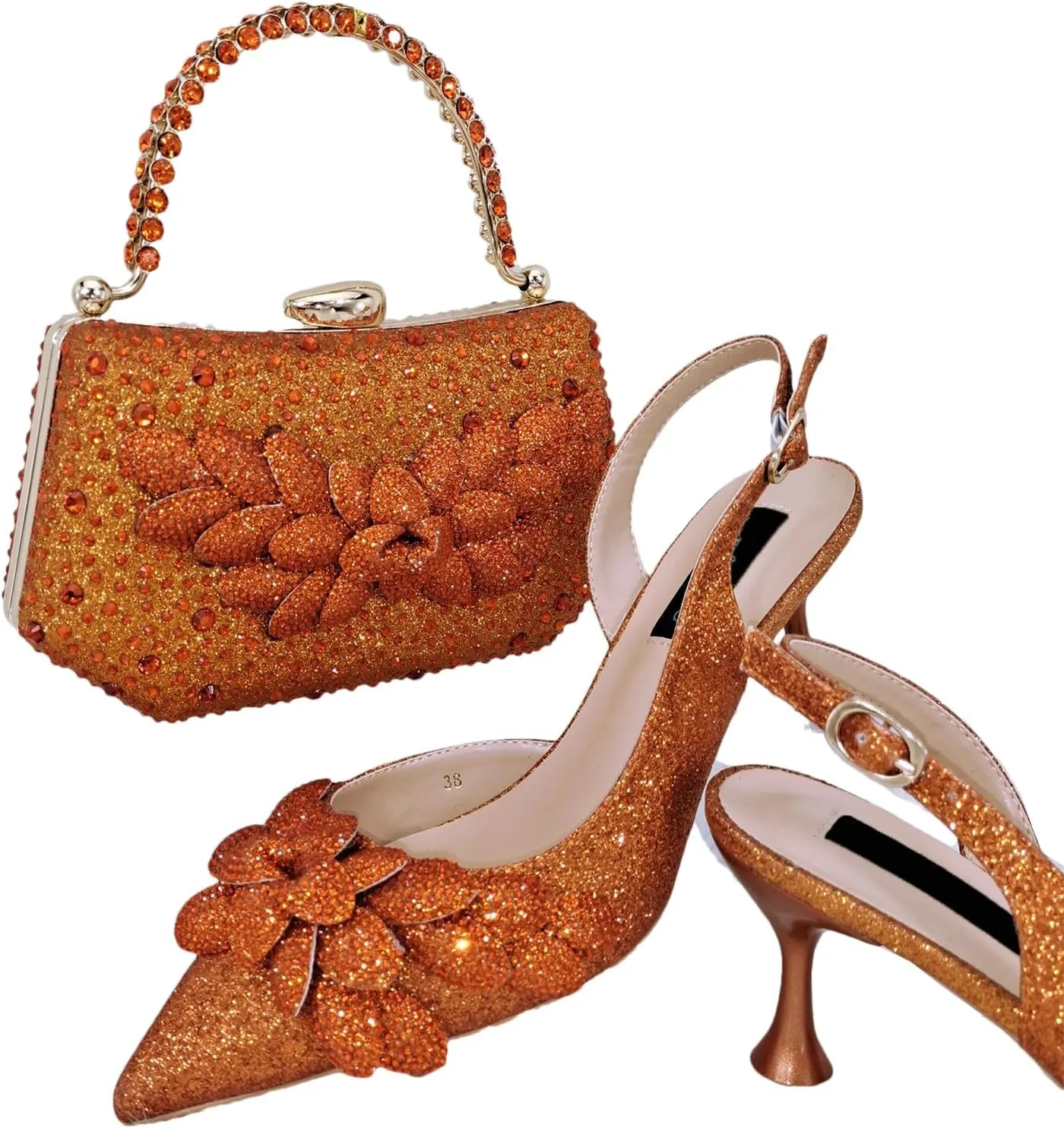 Womens Flower Crystal Clutch Purses Italian Wedding Shoes Set Rhinestone Pumps and Comfortable Evening Bag Party