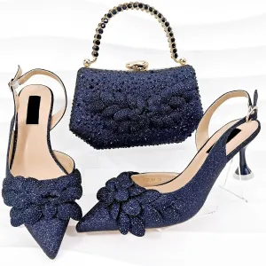 Womens Flower Crystal Clutch Purses Italian Wedding Shoes Set Rhinestone Pumps and Comfortable Evening Bag Party