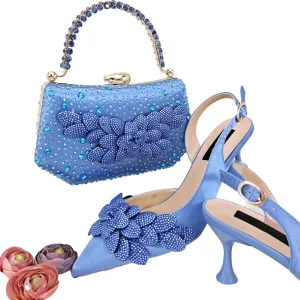Womens Flower Crystal Clutch Purses Italian Wedding Shoes Set Rhinestone Pumps and Comfortable Evening Bag Party