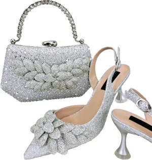 Womens Flower Crystal Clutch Purses Italian Wedding Shoes Set Rhinestone Pumps and Comfortable Evening Bag Party