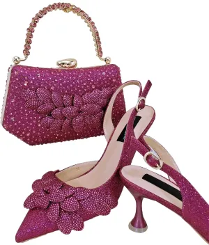 Womens Flower Crystal Clutch Purses Italian Wedding Shoes Set Rhinestone Pumps and Comfortable Evening Bag Party