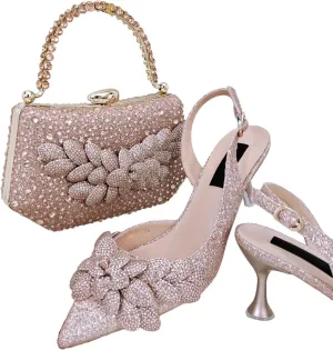 Womens Flower Crystal Clutch Purses Italian Wedding Shoes Set Rhinestone Pumps and Comfortable Evening Bag Party