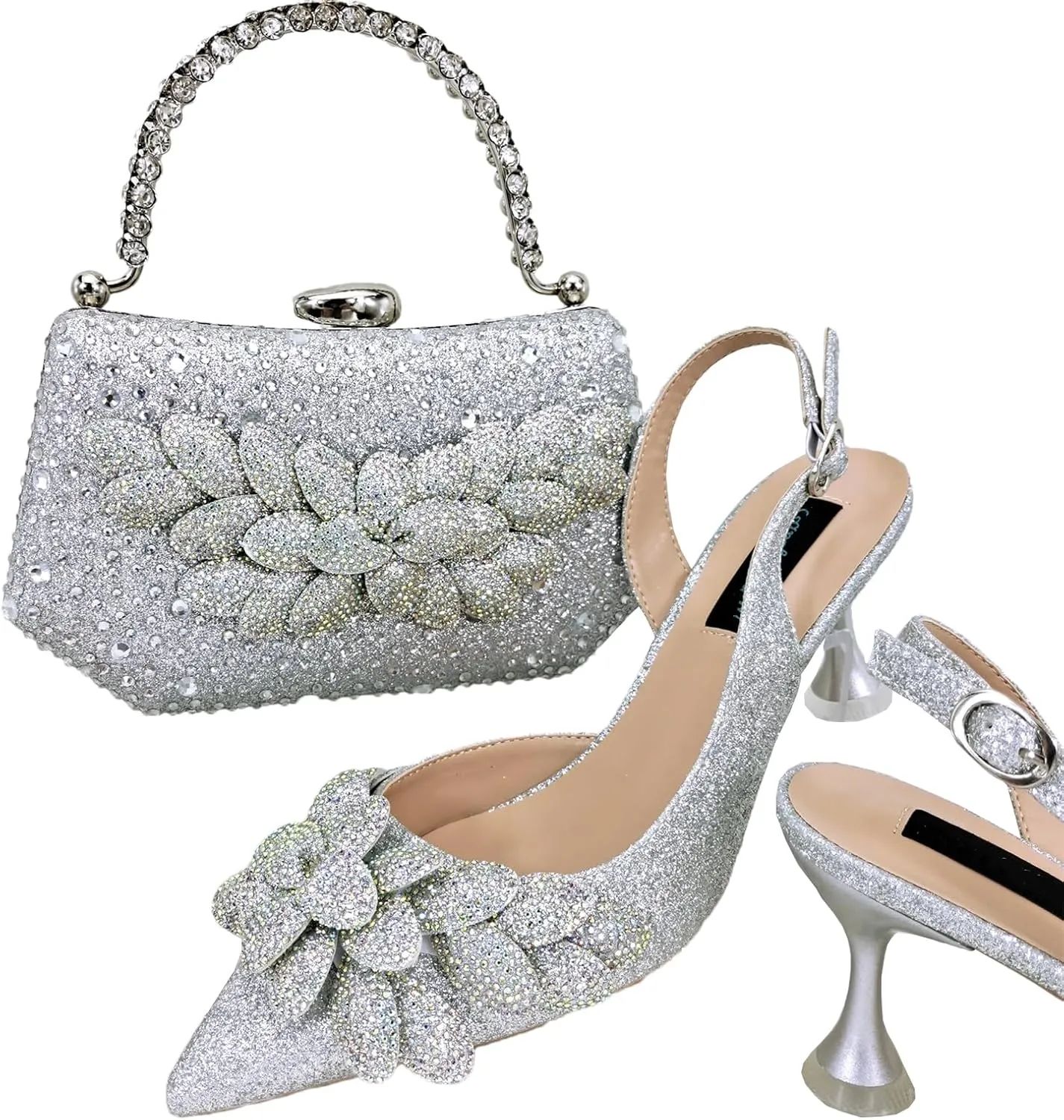Womens Flower Crystal Clutch Purses Italian Wedding Shoes Set Rhinestone Pumps and Comfortable Evening Bag Party