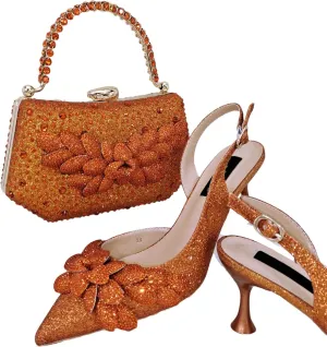 Womens Flower Crystal Clutch Purses Italian Wedding Shoes Set Rhinestone Pumps and Comfortable Evening Bag Party
