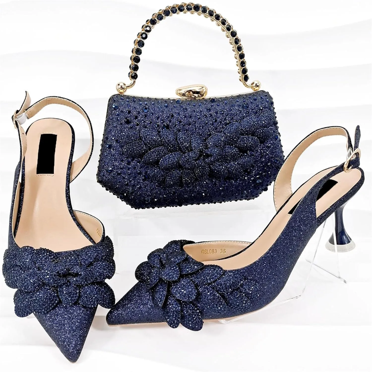 Womens Flower Crystal Clutch Purses Italian Wedding Shoes Set Rhinestone Pumps and Comfortable Evening Bag Party
