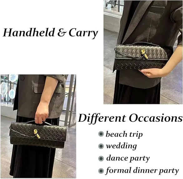 Women's for Woven Evening Bags Vegan Leather Clutch Handbags, Trendy Crossbody Bag Clutch Purses