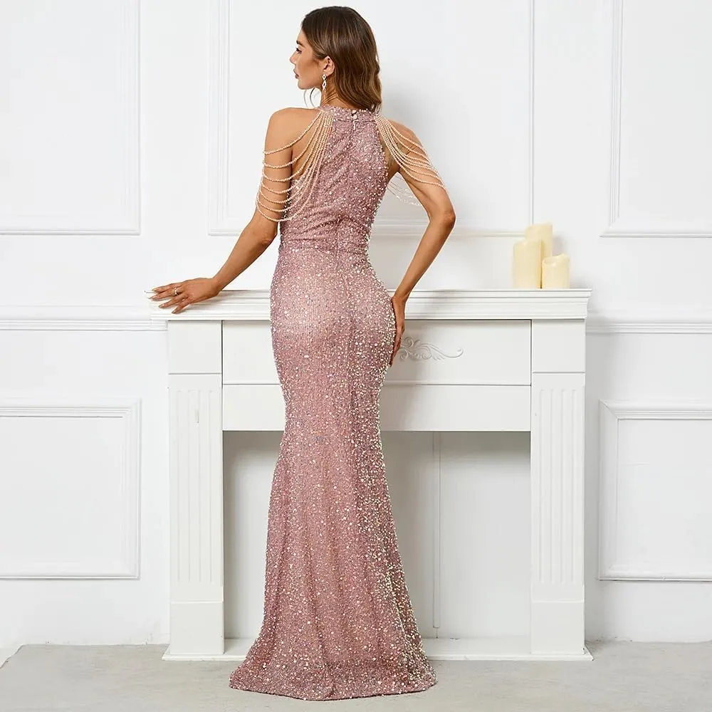 Women's Formal Halterneck Sequin Prom Dress Long, Bead Tassel Sleeveless Slim Fit Mermaid Cocktail Dress Maxi Gowns