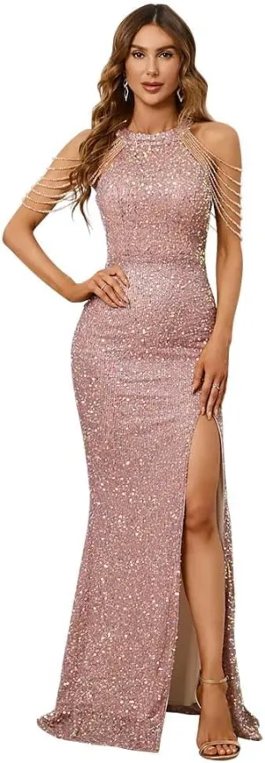 Women's Formal Halterneck Sequin Prom Dress Long, Bead Tassel Sleeveless Slim Fit Mermaid Cocktail Dress Maxi Gowns
