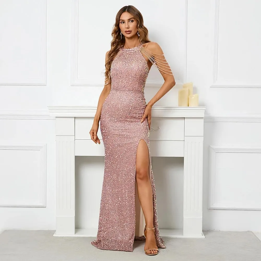 Women's Formal Halterneck Sequin Prom Dress Long, Bead Tassel Sleeveless Slim Fit Mermaid Cocktail Dress Maxi Gowns