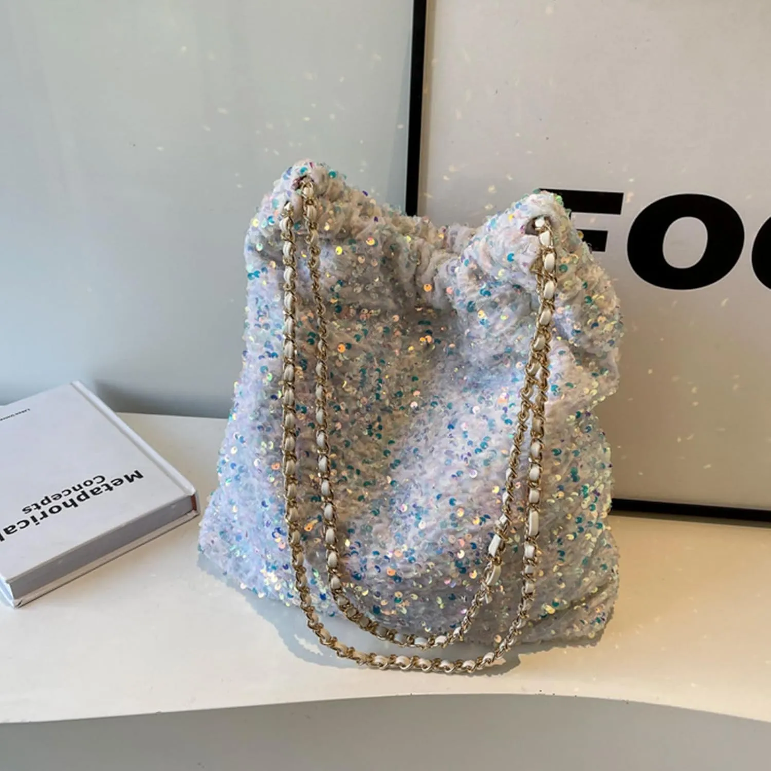 Women's Glitter Sequins Shoulder Tote Big Capacity Shimmer Shopping Bag Sparkling Handbag Purse