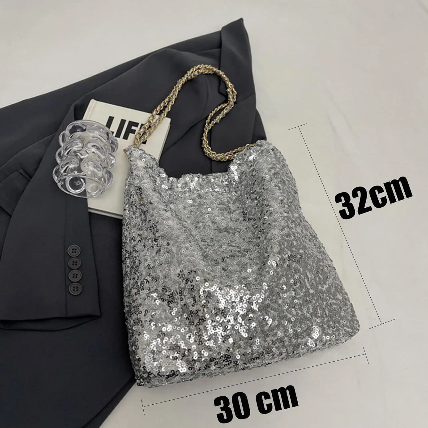 Women's Glitter Sequins Shoulder Tote Big Capacity Shimmer Shopping Bag Sparkling Handbag Purse